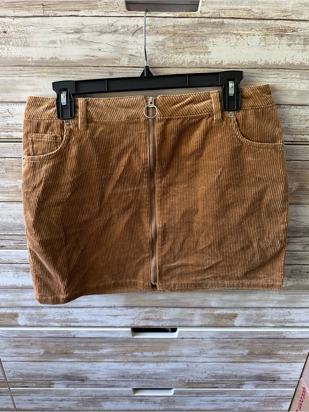 🤎 Love Tree Brown Corduroy Mini Skirt Size Large Front Zip Stretch